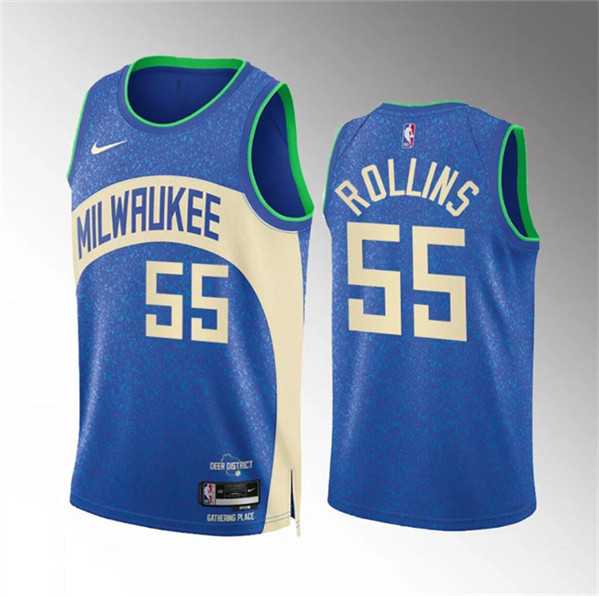 Men%27s Milwaukee Bucks #55 Ryan Rollins 2023-24 Blue City Edition Stitched Basketball Jersey Dzhi
